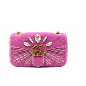 Gucci Pink Velvet Matelassè Marmont Crystal Embellished Shoulder Bag